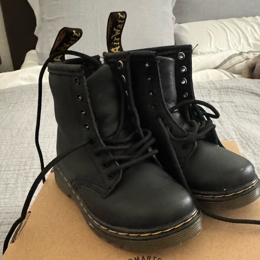 Dr. Martens Black Leather Boots with Yellow Stitching